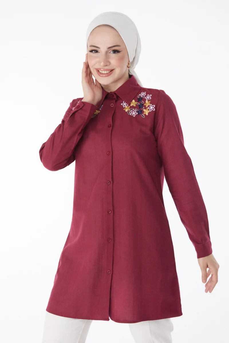 Tofisa Plain Shirt Collar Women's Burgundy Embroidered Shirt - 13167