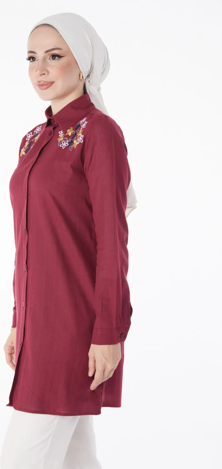 Tofisa Plain Shirt Collar Women's Burgundy Embroidered Shirt - 13167
