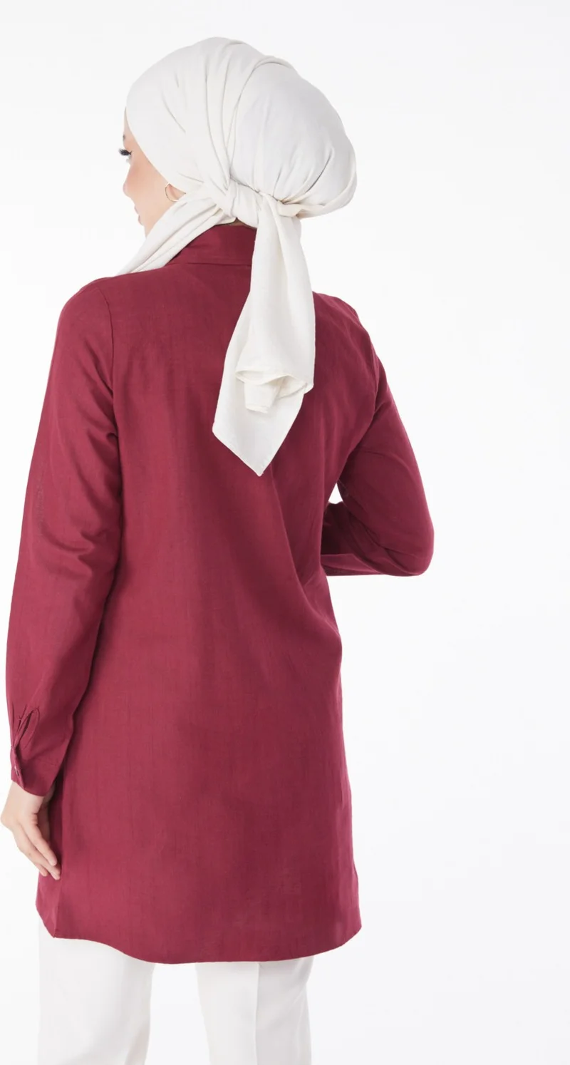 Tofisa Plain Shirt Collar Women's Burgundy Embroidered Shirt - 13167