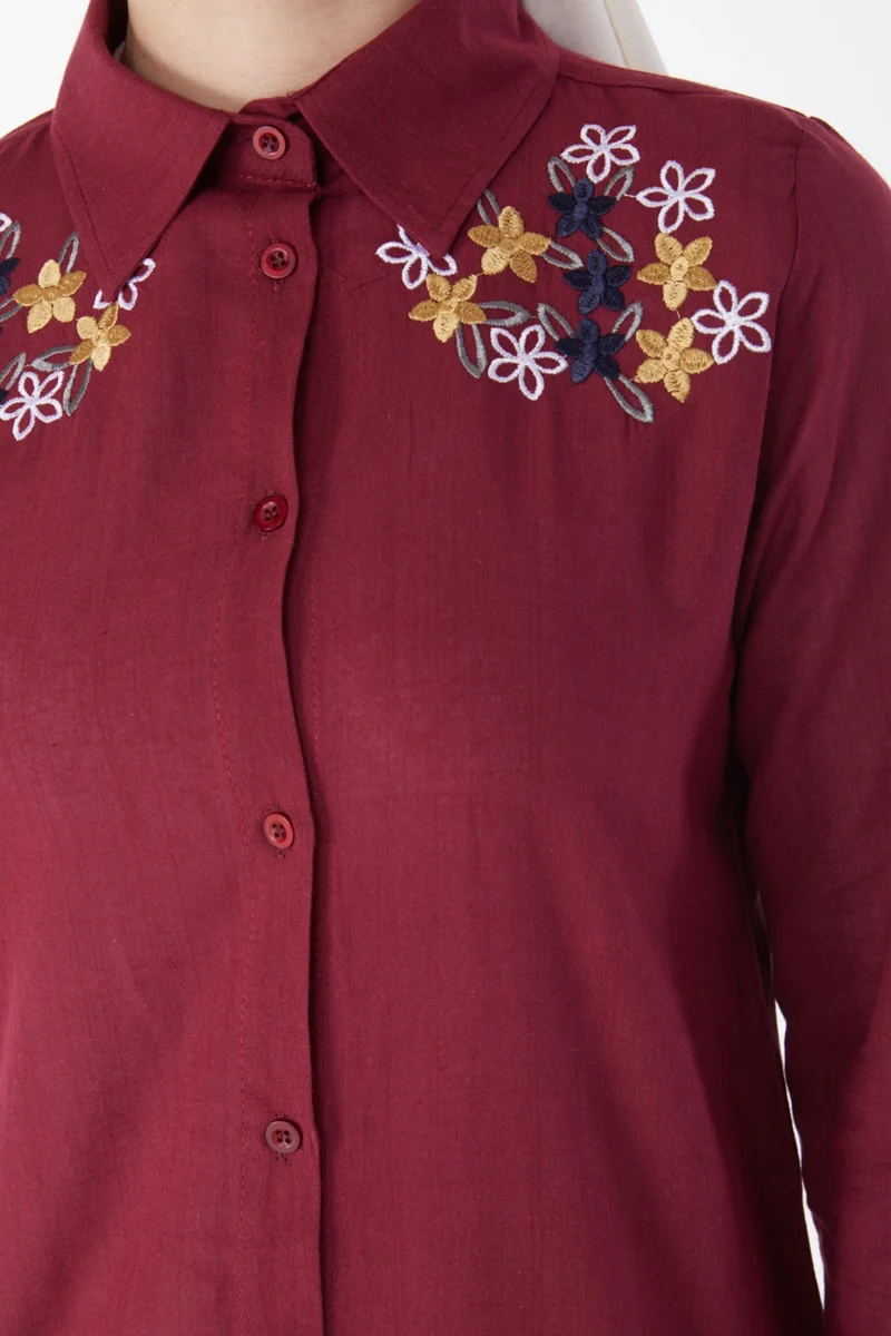 Tofisa Plain Shirt Collar Women's Burgundy Embroidered Shirt - 13167