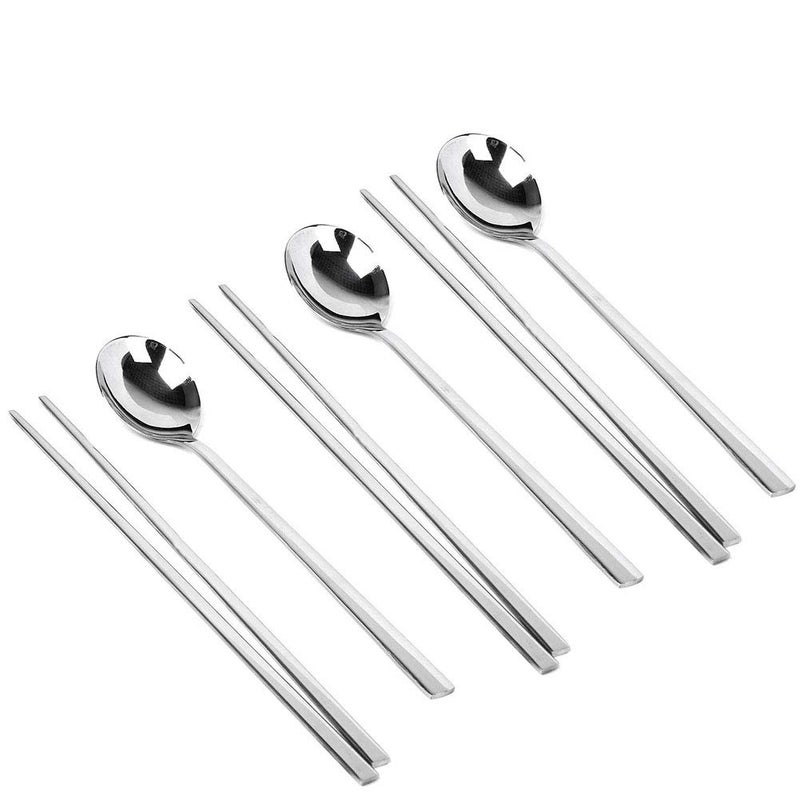 YAPULLYA Polished Stainless Steel Spoons and Chopsticks Set Korean Chopsticks and Spoons tableware with longhand Reusable set of 3silver