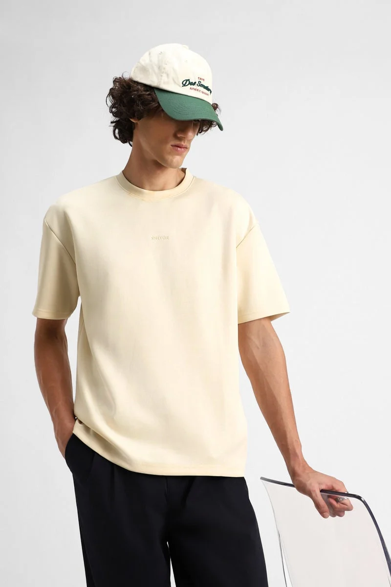 سنيتش Beige Solid Half Sleeve Oversized Streetwear T-Shirt