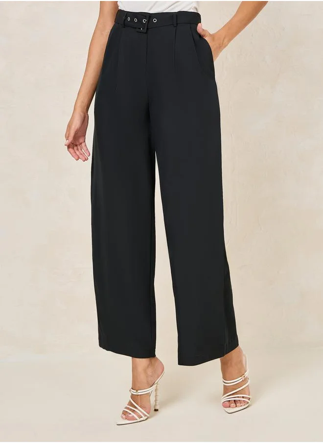 Styli High Rise Wide Leg Pants with Belt Detail
