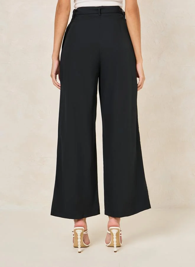 Styli High Rise Wide Leg Pants with Belt Detail