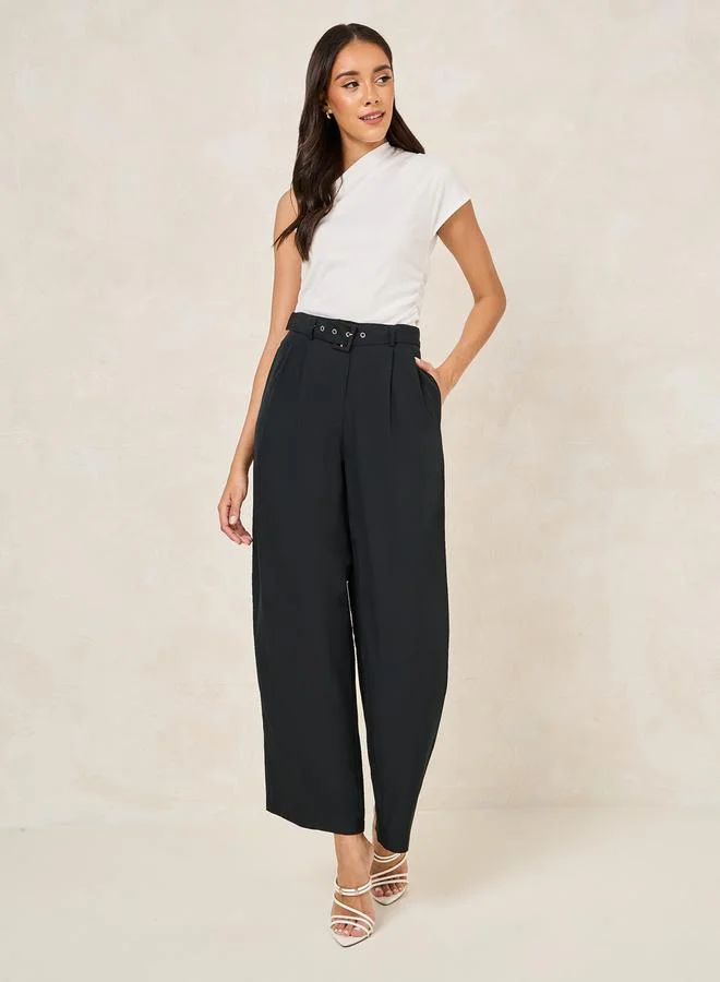 Styli High Rise Wide Leg Pants with Belt Detail