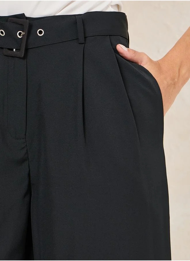 Styli High Rise Wide Leg Pants with Belt Detail