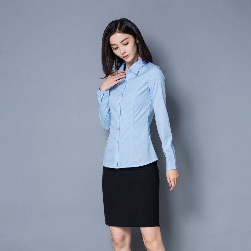 Xueqiao Manager 24 Spring New White Shirt Women'S Long Sleeve Korean Style Slim Business Wear Bottoming Shirt Light Blue Large Size - Image 1