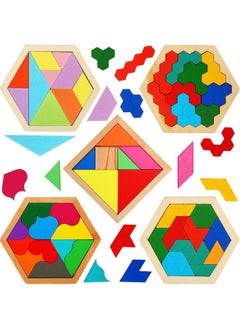 Jerify 5 Pack Wooden Hexagon Puzzle for Kid Shape Pattern Block Brain Teaser Puzzles Wood Block Puzzle Geometric Tangram Puzzle Hexagon Wooden Puzzle for Jigsaw 3D Logic IQ Game Gift (Geometry)  - Image 1