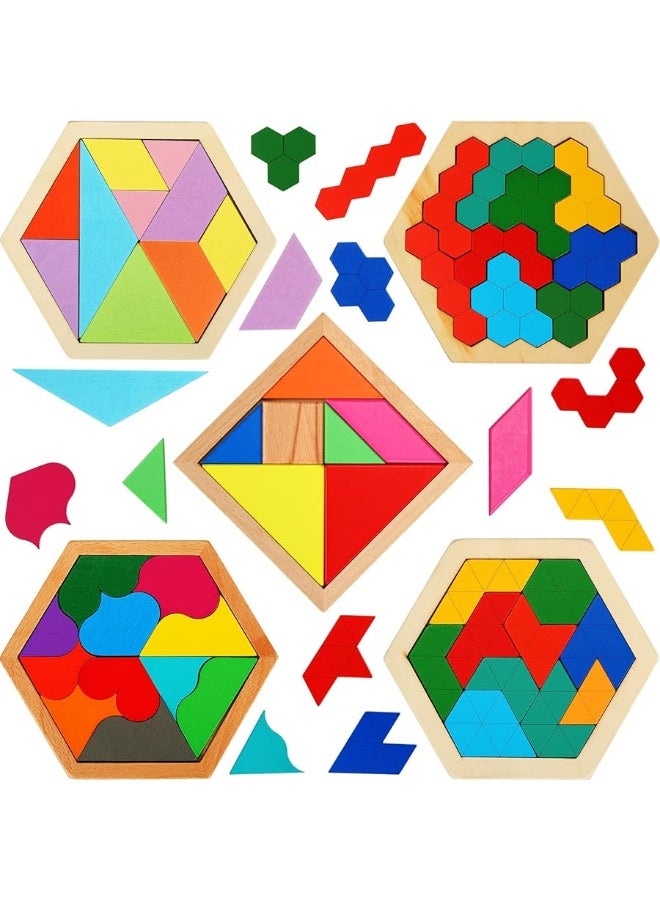 Jerify 5 Pack Wooden Hexagon Puzzle for Kid Shape Pattern Block Brain Teaser Puzzles Wood Block Puzzle Geometric Tangram Puzzle Hexagon Wooden Puzzle for Jigsaw 3D Logic IQ Game Gift (Geometry) - Image 1