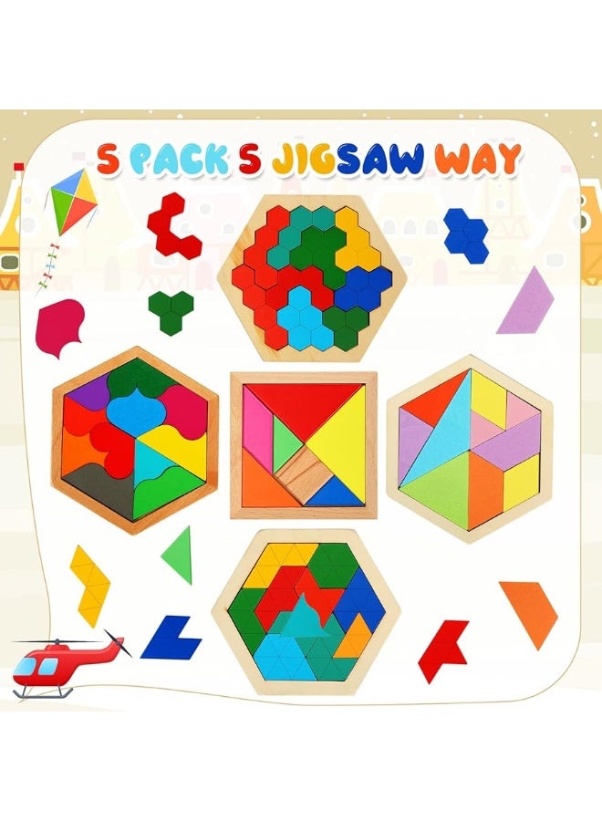Jerify 5 Pack Wooden Hexagon Puzzle for Kid Shape Pattern Block Brain Teaser Puzzles Wood Block Puzzle Geometric Tangram Puzzle Hexagon Wooden Puzzle for Jigsaw 3D Logic IQ Game Gift (Geometry) - Image 5