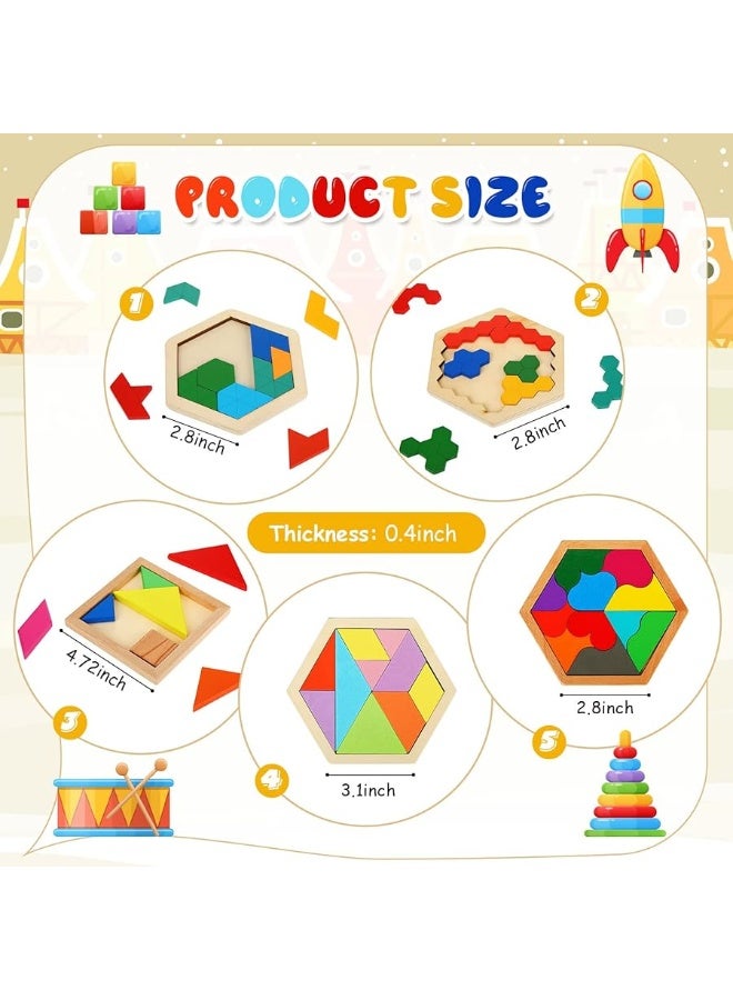 Jerify 5 Pack Wooden Hexagon Puzzle for Kid Shape Pattern Block Brain Teaser Puzzles Wood Block Puzzle Geometric Tangram Puzzle Hexagon Wooden Puzzle for Jigsaw 3D Logic IQ Game Gift (Geometry) - Image 4