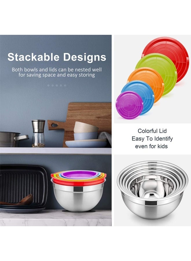DUNISO 5Pcs Stainless Steel Mixing Bowls with Airtight Lids, Nesting Salad Bowls for Space-Saving Storage, Metal Serving Bowl for Kitchen Baking/Cooking/Prepping, Size 18, 20,22, 24, 26cm - Image 4
