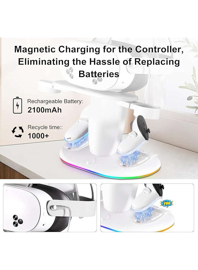 XICEN Charging Dock Compatible With Meta Quest 3S/3/2/Pro Rgb Fast Charging Vertical Stand For Headset & Controllers With 2 Rechargeable Batteries Usb C Charger & Cable  - Image 3