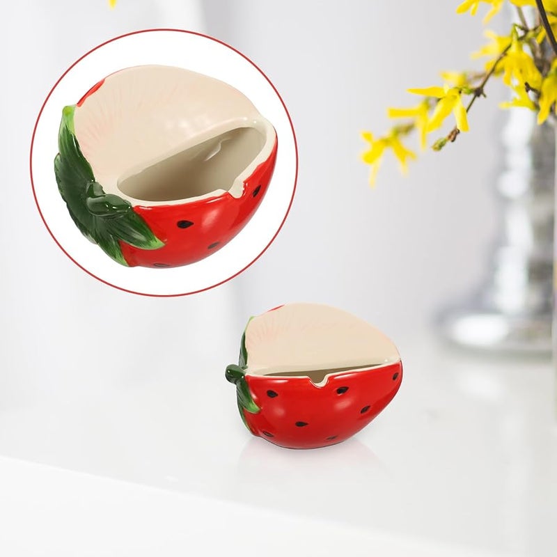 منفضة سجائر من السيراميك على شكل فراولة مرسومة يدوياً، حامل رماد لمكتب المنزل أو سطح الطاولة - Image 4