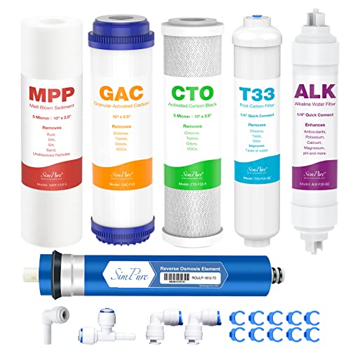 SimPure SP5-RO75 6-Stage 10" Reverse Osmosis Replacement Filter Set with Alkaline Mineral Filter, Complete Set for 75 GPD Standard 6-Stage Reverse Osmosis RO Water Filtration Systems, 6 Pieces - Image 1
