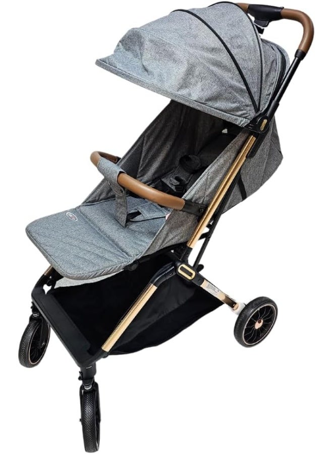 اس ام ار كيدز عربة أطفال خفيفة الوزن قابلة للطي – تصميم فاخر بإطار ذهبي، مظلة واسعة، حزام أمان 5 نقاط، مناسبة من عمر الولادة حتى 3 سنوات – سهلة الطي والتنقل - 70 × 108 × 54 رمادي - Image 3