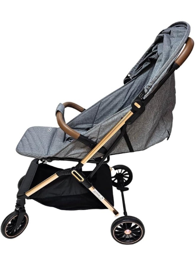 اس ام ار كيدز عربة أطفال خفيفة الوزن قابلة للطي – تصميم فاخر بإطار ذهبي، مظلة واسعة، حزام أمان 5 نقاط، مناسبة من عمر الولادة حتى 3 سنوات – سهلة الطي والتنقل - 70 × 108 × 54 رمادي - Image 4