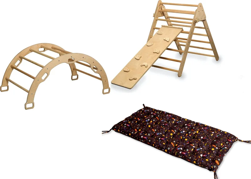 Kidoppo Pikler Climbing Set and Pillow | Montessori Set of 3 | Arch + Triangle + Stone Ramp + Space Pattern Pillow