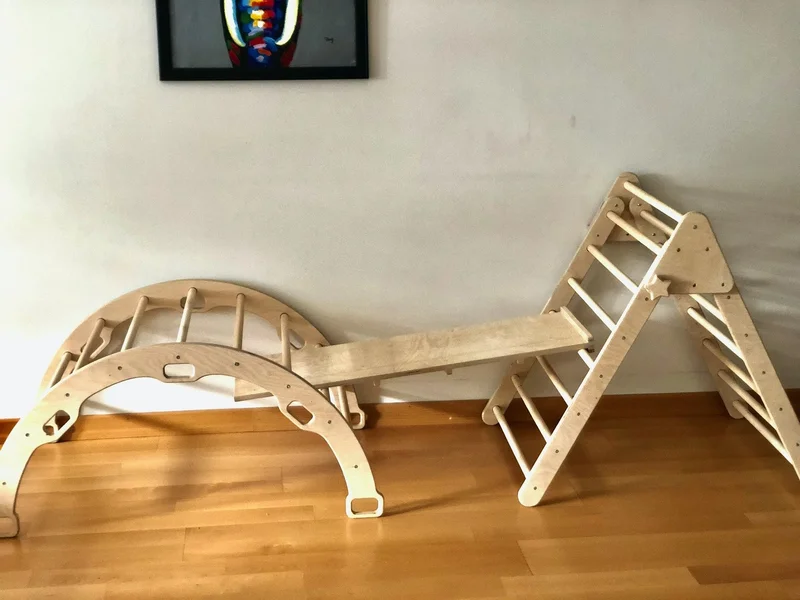 Kidoppo Pikler Climbing Set and Pillow | Montessori Set of 3 | Arch + Triangle + Stone Ramp + Space Pattern Pillow