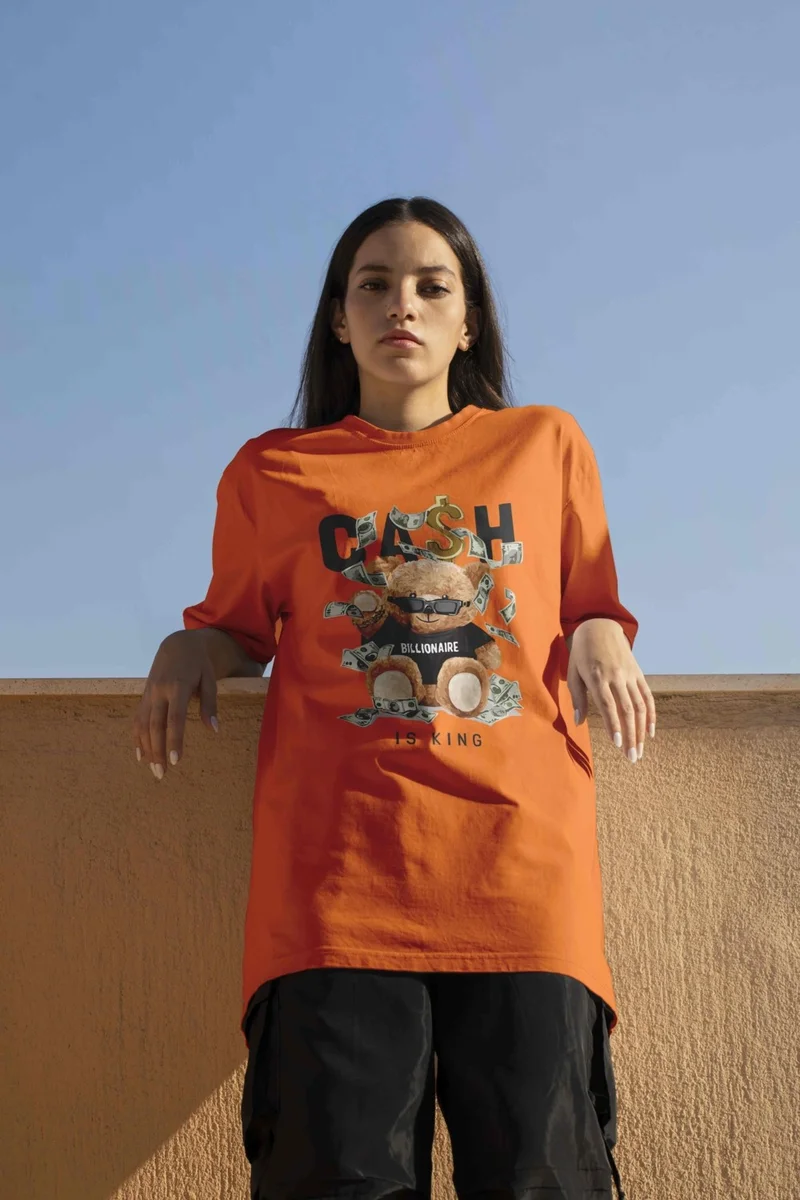 دوغ فش Printed Orange Oversize Unisex Tshirt