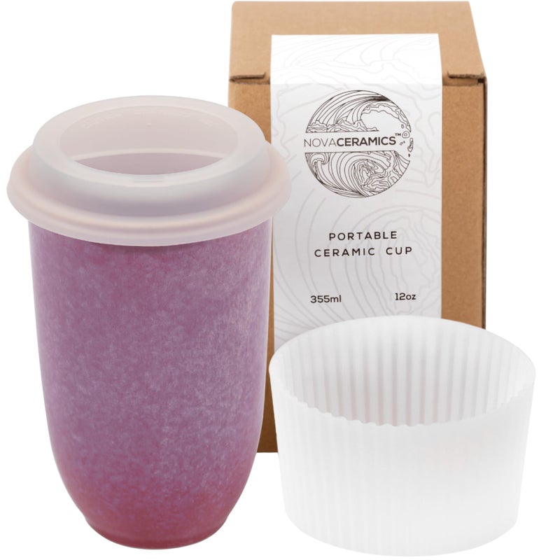 NOVA CERAMICS Coffee Travel Mug â€“ Cup Holder Friendly Travel Mugâ€“ Microwave & Dishwasher Safe White & Purple Tumbler - Coffee Mug Fits In Cup Holder â€“ 12oz â€“ Astral Bloom - Image 1