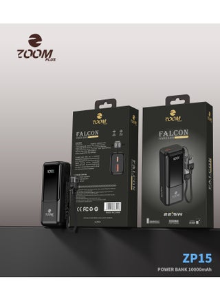 زووم بلس فالكون ZP15 باور بانك 10,000 مللي أمبير - شاحن متنقل سريع بقوة 22.5 واط مع شاشة رقمية LED، منفذ USB-C ومنفذ USB-A بتقنية الشحن السريع QC، بطارية خارجية مدمجة لأجهزة آيفون وأندرويد. - view 3