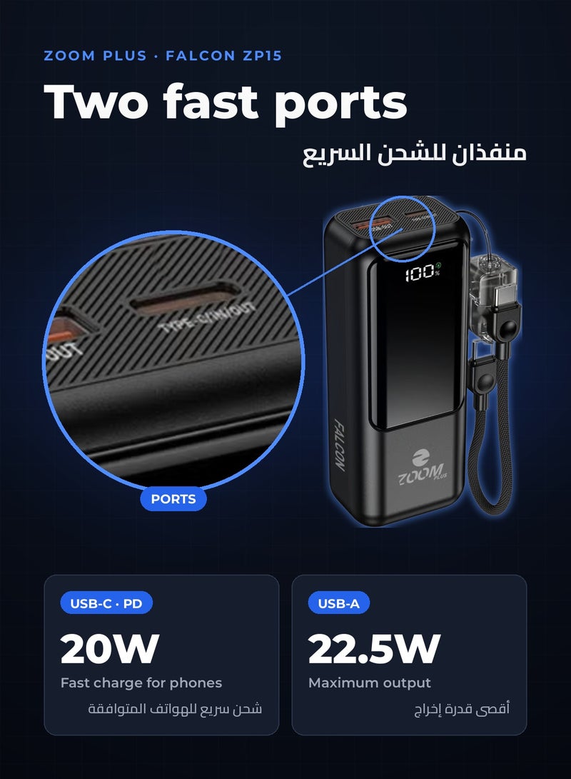 Zoom Plus Falcon 10000mAh Power Bank with Built-in USB-C Cable, 22.5W Fast Charging Portable Charger, USB-C PD and USB-A QC Ports, LED Digital Display, Compact External Battery for iPhone, Samsung and Android (ZP15, Black) - Image 4