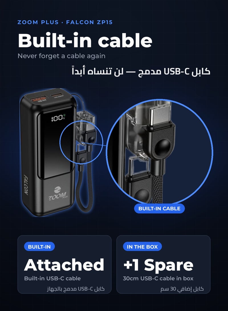 Zoom Plus Falcon 10000mAh Power Bank with Built-in USB-C Cable, 22.5W Fast Charging Portable Charger, USB-C PD and USB-A QC Ports, LED Digital Display, Compact External Battery for iPhone, Samsung and Android (ZP15, Black) - Image 3