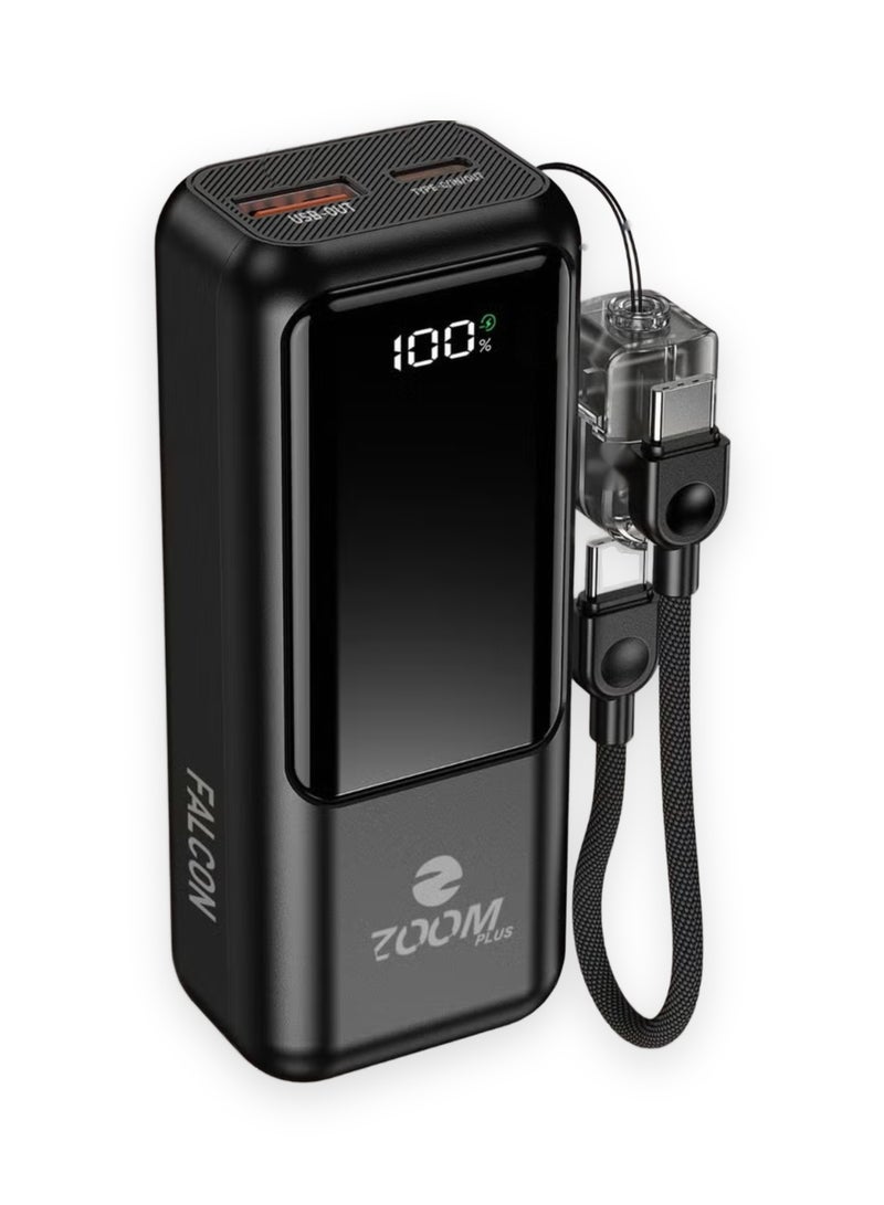 Zoom Plus Falcon 10000mAh Power Bank with Built-in USB-C Cable, 22.5W Fast Charging Portable Charger, USB-C PD and USB-A QC Ports, LED Digital Display, Compact External Battery for iPhone, Samsung and Android (ZP15, Black) - Image 1