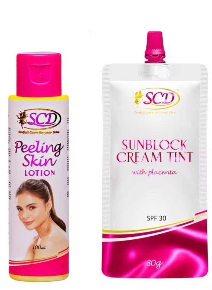 إس سي دي لوشن تقشير البشرة اس سي دي 100 مل + كريم الوقاية من الشمس اس سي دي ملون مع المشيمة SPF30