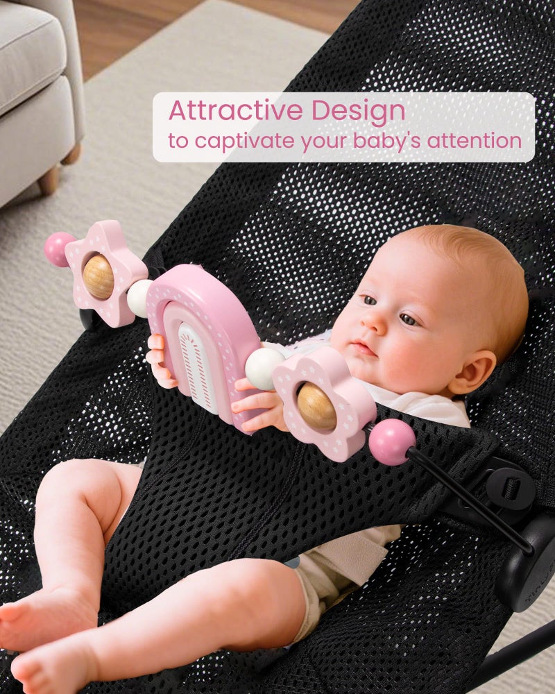 TinlyFinly Baby Bouncer Toy Bar Wooden Compatible with Baby Bjorn Bouncer, Bouncer Toy Attachment, Tight and Secure Fit, So Fun to Watch, Touch and Spin for Babies All Ages (Pink Rainbow) - Image 2