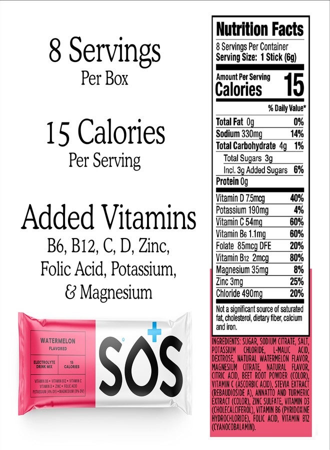 SOS Hydration Electrolyte Powder Sticks | Low Sugar Rapid Hydration | Keto Friendly (8 Servings, Watermelon) - Image 3
