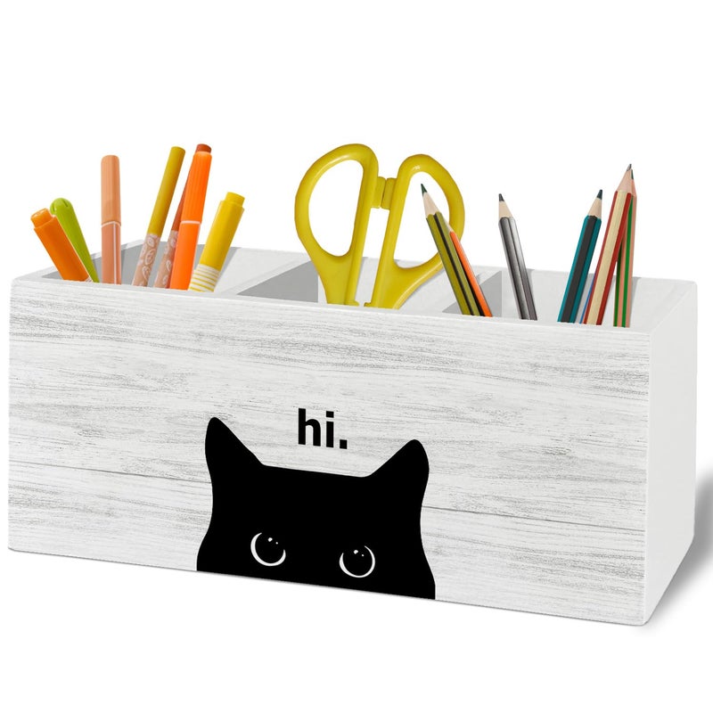 XLDLIOO Hi Black Cat Pen Pencil Holder Organizer for Desk Accessories, Black Cat Mom Lady Lovers Owner Gifts Wooden Box Sign Desk Decor for Home Office Decoration, Pet Lover Gifts - Image 1