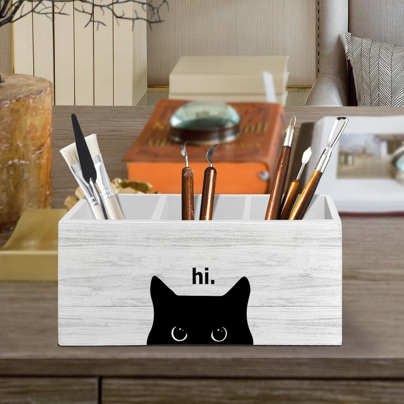 XLDLIOO Hi Black Cat Pen Pencil Holder Organizer for Desk Accessories, Black Cat Mom Lady Lovers Owner Gifts Wooden Box Sign Desk Decor for Home Office Decoration, Pet Lover Gifts - Image 2