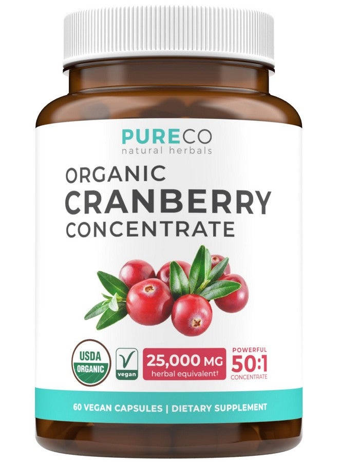 PURE CO أقراص التوت البري العضوي - تركيز 50:1 يعادل 25,000 ملغ من التوت البري الطازج (نباتي) لصحة المسالك البولية وتنظيف الكلى - أقراص التوت البري للنساء - مكمل دعم التهاب المسالك البولية - 60 كبسولة - Image 1