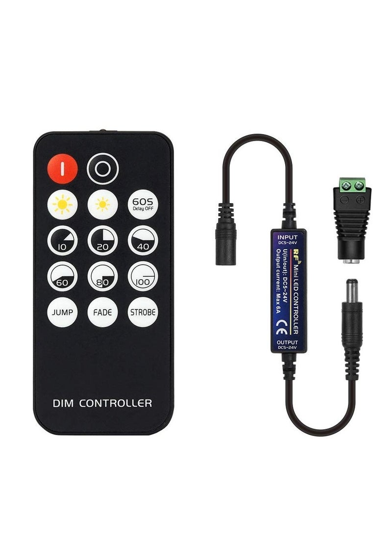 DC 5-24 V Mini RF Dimmer Controller with 14 Keys, Compatible with FCOB 3014, 5630, 5730, 3528 LED Strips, Wireless LED Dimmer Switch for Single Color, Brightness and Mode Effects  - Image 1