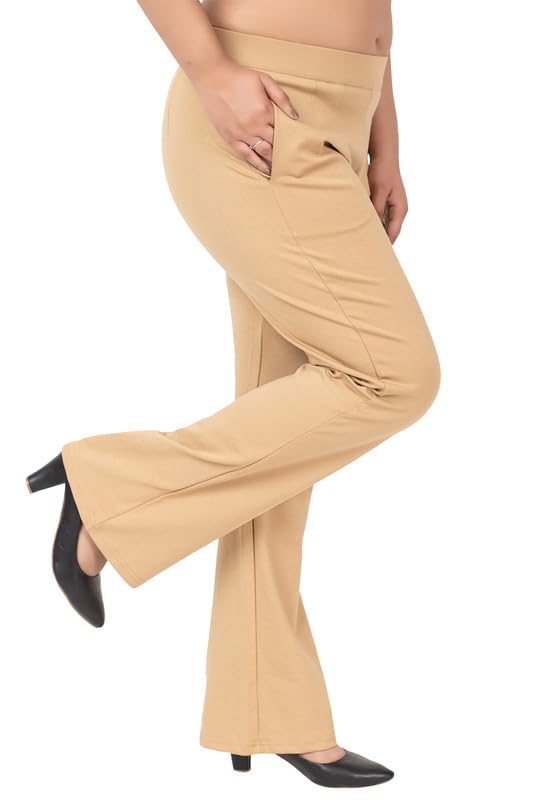 Mlada Store Mlada Bootcut Flare Pants for Women Stretch Cotton Knit Boot Cut Mid Waist Flared Trouser Elastic Waist Band Utility Pockets for Formal Office Work Wear,Travel-Regular/Plus Size-Beige, XL - Image 1
