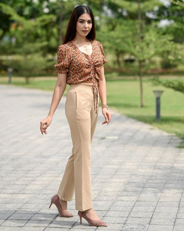 Mlada Store Mlada Bootcut Flare Pants for Women Stretch Cotton Knit Boot Cut Mid Waist Flared Trouser Elastic Waist Band Utility Pockets for Formal Office Work Wear,Travel-Regular/Plus Size-Beige, XL - Image 3