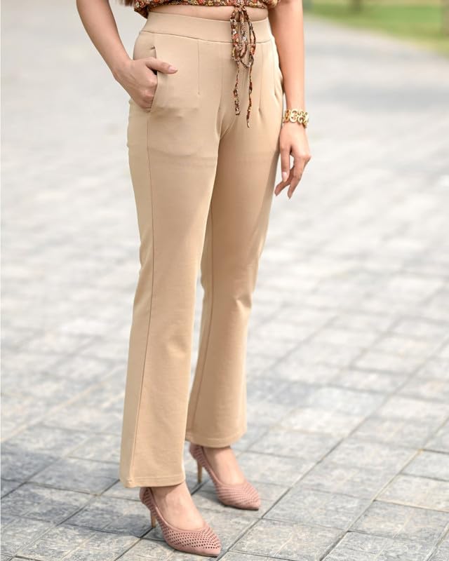 Mlada Store Mlada Bootcut Flare Pants for Women Stretch Cotton Knit Boot Cut Mid Waist Flared Trouser Elastic Waist Band Utility Pockets for Formal Office Work Wear,Travel-Regular/Plus Size-Beige, XL - Image 5