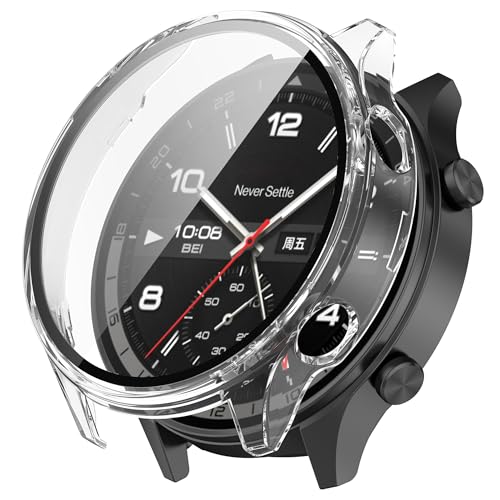 Wisely Shine Protective Slim Bumper Tempered Glass Case Cover Compatible with OnePlus Watch 2R, Crystal Clear - Image 1