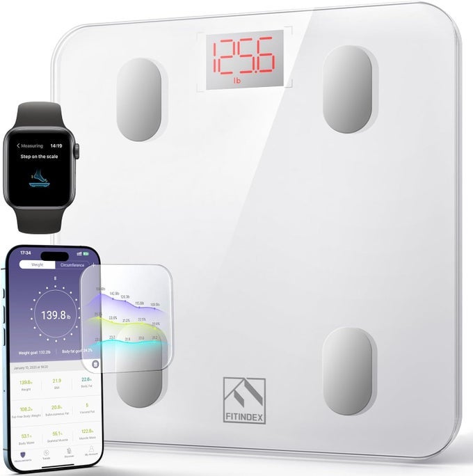 SMART SCALE FOR BODY WEIGHT SCALE WITH BMI BODY FAT MUSCLE MASS BLUETOOTH13 BODY COMPOSITION ANALYZER SYNC APP DIGITAL BATHROOM 400LB WHITE