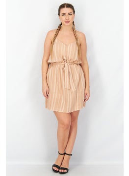 Splendid Women V Neck Sleeveless Stripe Belted Mini Dress, Tan  - Image 3