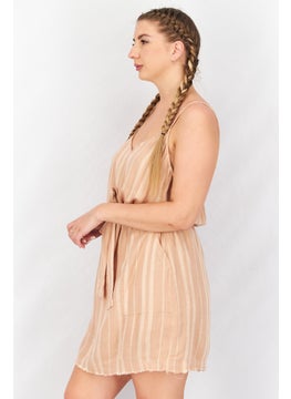 Splendid Women V Neck Sleeveless Stripe Belted Mini Dress, Tan  - Image 2