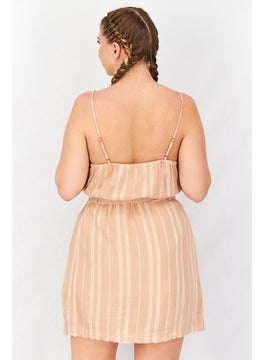 Splendid Women V Neck Sleeveless Stripe Belted Mini Dress, Tan  - Image 4