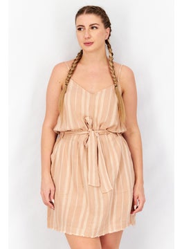 Splendid Women V Neck Sleeveless Stripe Belted Mini Dress, Tan  - Image 1