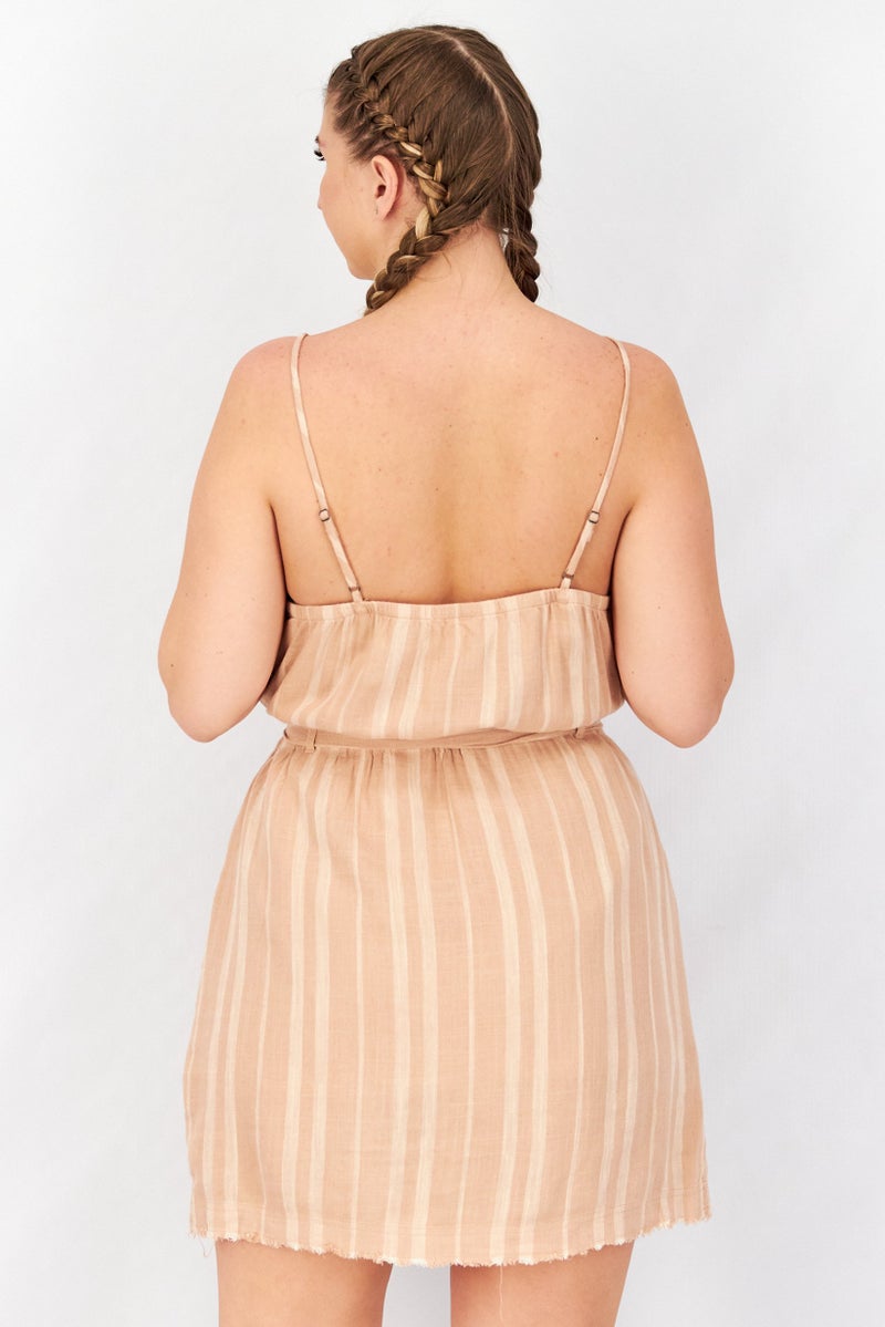 Splendid Women V Neck Sleeveless Stripe Belted Mini Dress, Tan - Image 2