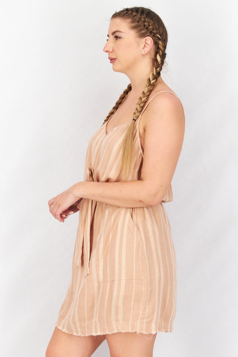 Splendid Women V Neck Sleeveless Stripe Belted Mini Dress, Tan - Image 2