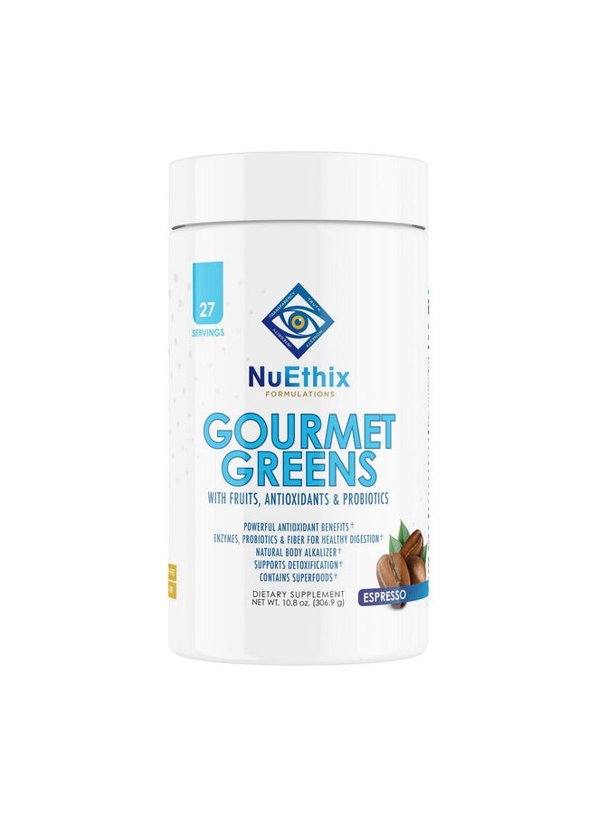 نو إيثيكس فورميلاشنز - مسحوق مشروب Gourmet Greens من NuEthix Formulas، مكمل غذائي يحتوي على أطعمة خارقة من الفواكه والخضروات والبروبيوتيك، إسبرسو، 27 وجبة - Image 1