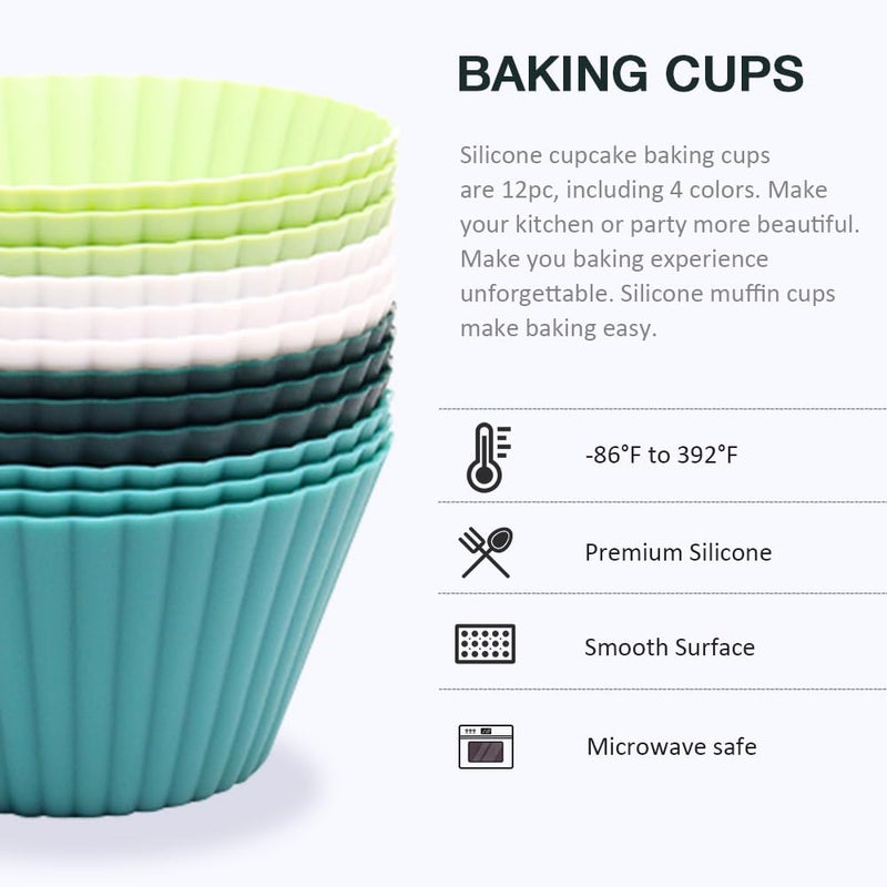 Pharamat Extra Large Silicone Cupcake Muffin Cups 12 Pcs, 3.54 Inch Muffin Liners, Reusable Jumbo Silicone Baking Cups Easy to Clean, Great for Cupcake, Mousse(3 Green, White) - Image 3