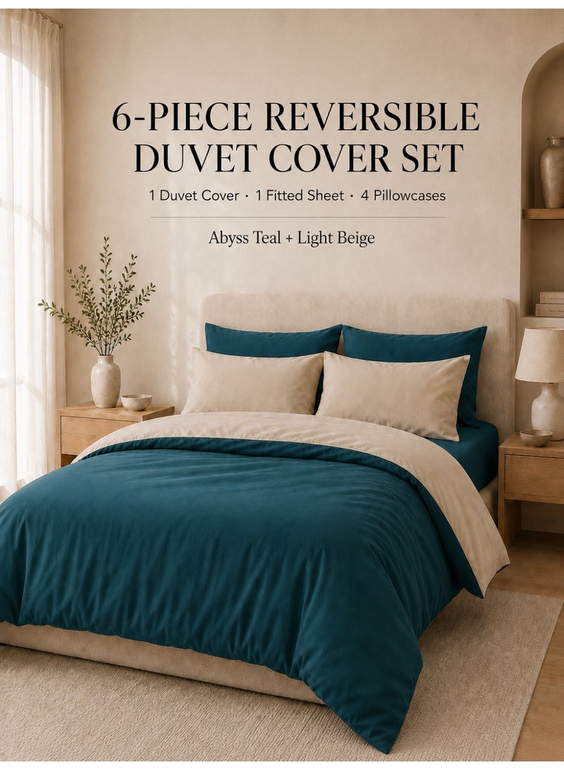 Good Sleep King Size Duvet Cover Set | 6 Piece Reversible | 220x240 cm | Deep Teal & Light Beige Dual-Tone | Duvet Cover with Deep-Pocket Fitted Sheet & 4 Pillowcases | Ultra-Soft, Wrinkle-Free | Made in Dubai - Image 1